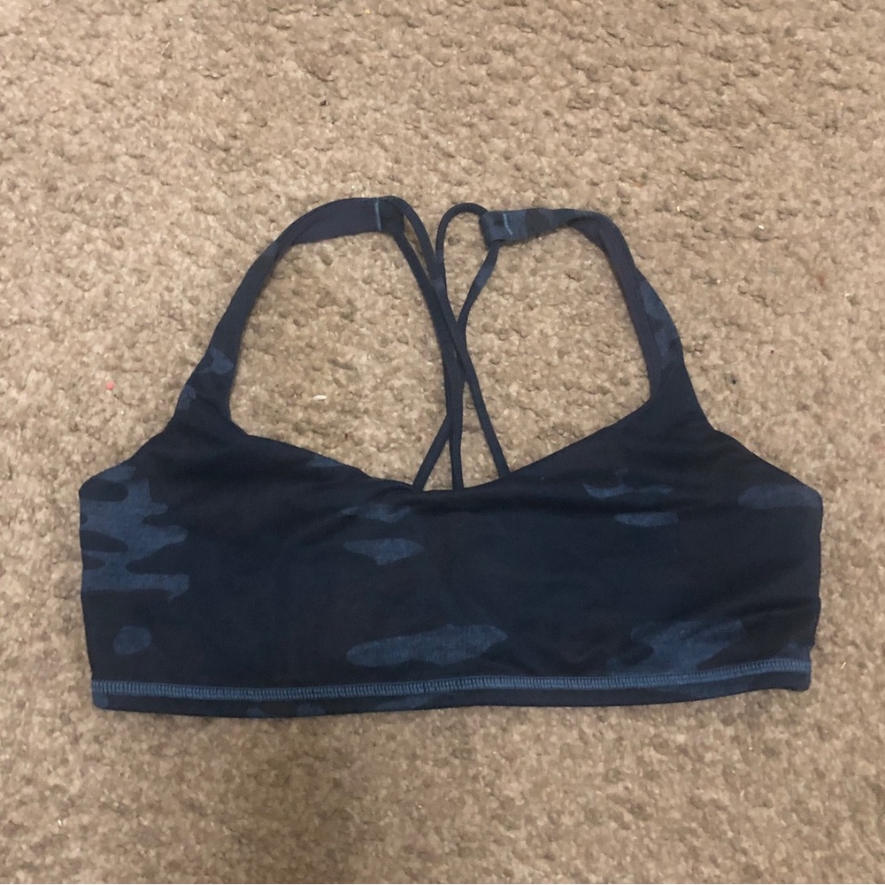 lululemon athletica navy blue camo strappy sports bra size 8